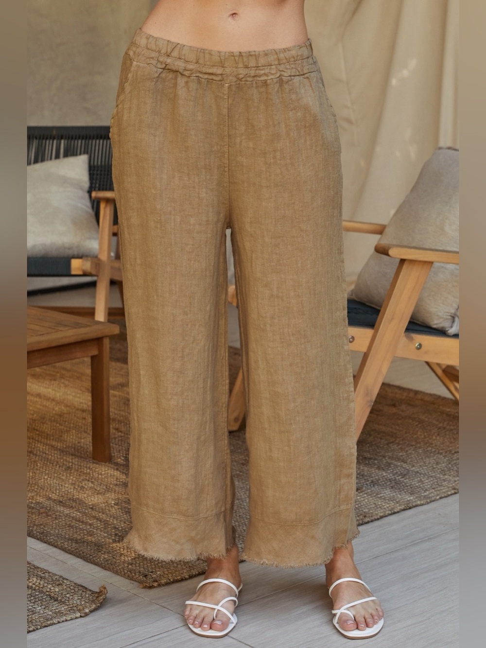 (155073/11586-CAM)  LINEN FRINGED HEM WIDE LEG LOOSE FIT PANT